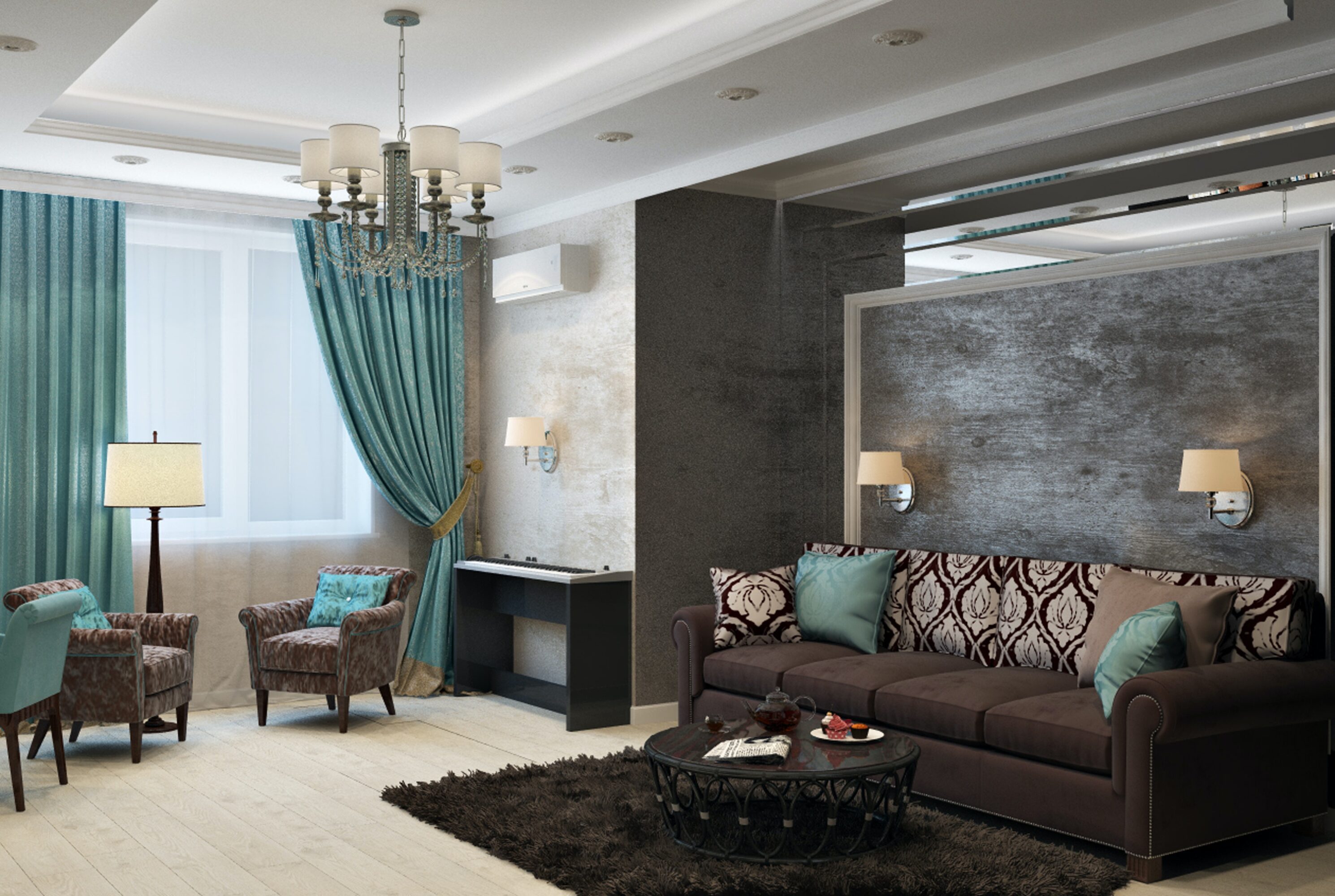An elegant living room with a beautiful brown sofa and armchairs with teal details